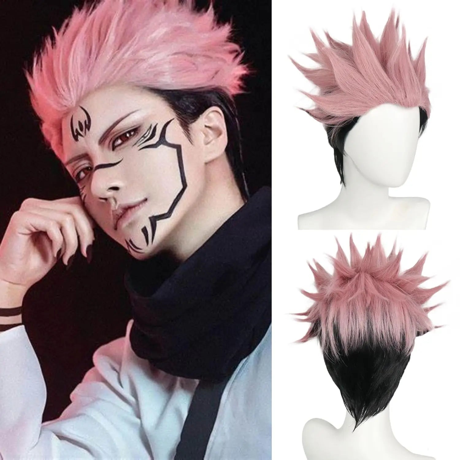 Anime Jujutsu Kaisen Cosplay Ryomen Sukuna Wig Jujutsu Kaisen Yuji Itadori Pink Black Short Heat Resistant Fiber Hair Wigs